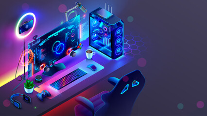 Gaming powerful computer or gamer rig with computer game on screen. Monitor on table in gamer room with neon light in the dark. Gaming PC on workplace. Online video game interface on screen PC.