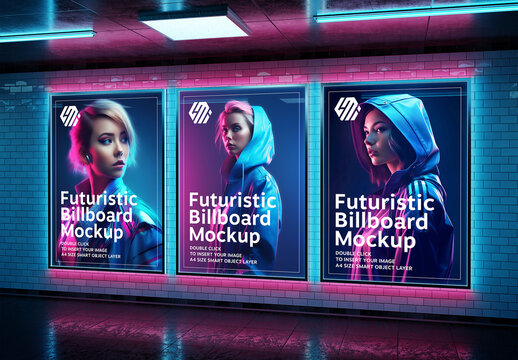 Three Billboards Mockup in Futuristic City Underground