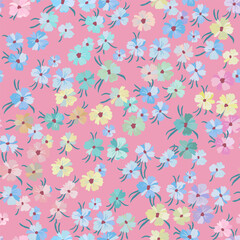 Vector seamless pattern with lots of small flowers of different colors on a pink background.