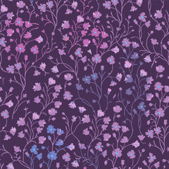 Spring floral pattern of purple and blue flowers on a purple background.