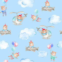 Seamless background with hand-drawn funny bears. Stylish design. Cute bears fly in the clouds on air jets, airplanes, and helicopters; hand-drawn watercolor illustration;
