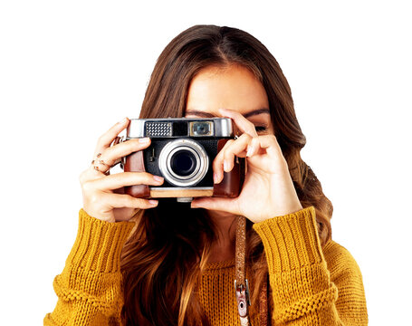 Photographer, camera or woman with creativity, artistic isolated on transparent background. Female person, professional or girl with equipment, memory or photoshoot with png, photography or creative.