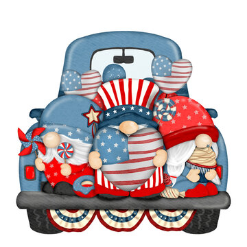 4th of july american independence gnome character with truck Digital painting
