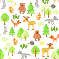 Forest animals seamless pattern in delicate green, yellow colors on the white background. Elk, wolf, fox, bear, squirrel,  hare, hedgehog. Nature, forest, trees. Hand drawing.