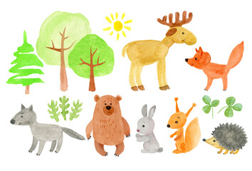 Forest animals set in delicate green, yellow colors. Elk, wolf, fox, bear, squirrel,  hare, hedgehog. Nature, forest, trees. Hand drawing.