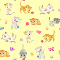 Seamless pattern and background. Drawings of cute and smiling cats. Adorable and fluffy kittens - collection of drawings with even color, different poses on white background. 