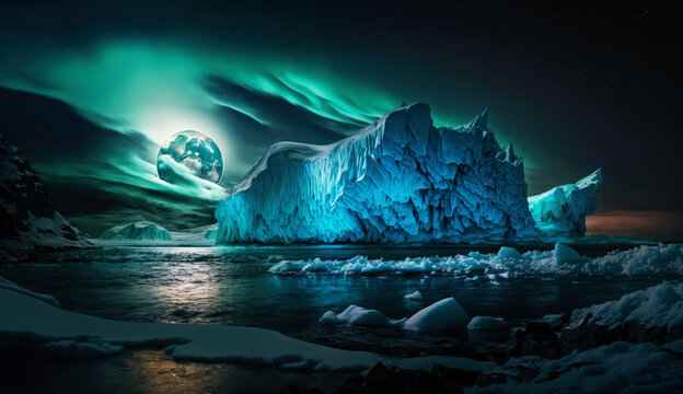 Night winter landscape with aurora borealis, night sea with glacial and moon, generative ai.