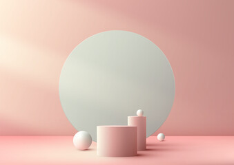 3D realistic modern style empty pink podium stand with gray circle backdrop and geometric elements on pink background and natural lighting