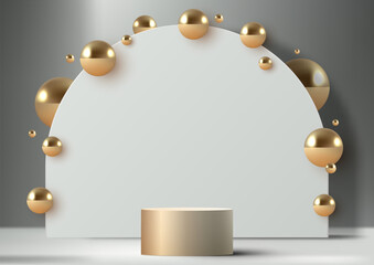 3D realistic modern luxury style golden podium stand with white geometric rounded backdrop decoration gold balls on gray background