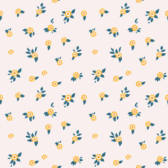 A pattern of orange flowers with green leaves. Seamless floral vector repeating pattern on a light background.