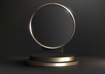 3D realistic modern luxury style gold black cylinder podium stand with circle frame backdrop on minimal wall scene dark background