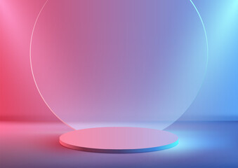 3D realistic modern minimal style empty neon colors podium with transparent glass circle backdrop and spotlight on pink and blue gradient background