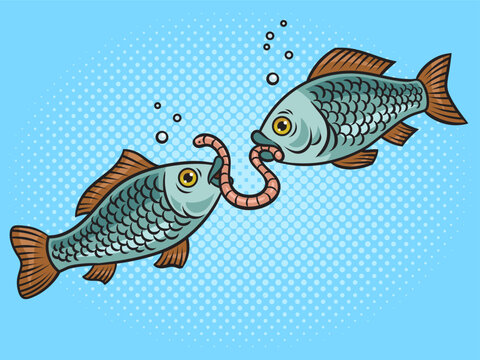 Fish fight for the worm pinup pop art retro vector illustration. Comic book style imitation.