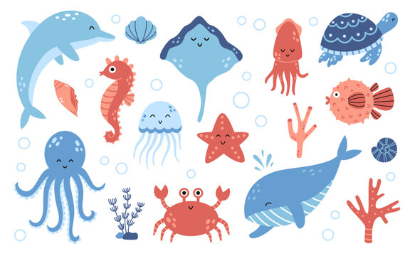 Vector set of sea animals in flat design. Cute ocean elements collection. Marine life cliparts.
