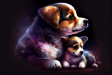 A heartwarming illustration of a mother dog and her puppy, depicted against a dark background, showcasing their bond and affection, generative ai