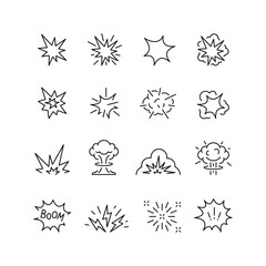 Fototapeta Vector line set of icons related with explosion. Contains monochrome icons like explosion, firework, spark, blast and more. Simple outline sign. obraz