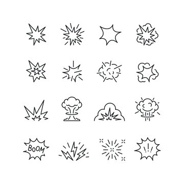 Vector line set of icons related with explosion. Contains monochrome icons like explosion, firework, spark, blast and more. Simple outline sign.