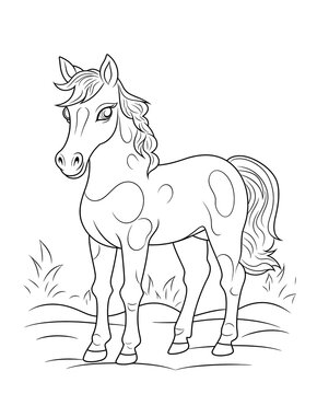 Black and white illustration for coloring animals, horse