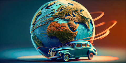 Traveling the world by car Art collage, travel concept, generative ai