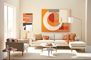 Sublime Aesthetics of Modernism: Bauhaus Living Room Mockup with Hovering Canvas in Harmonious Colors