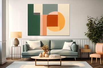 A Vivid Homage to Modernism: Bauhaus-Inspired Living Room Mockup with Hovering Canvas