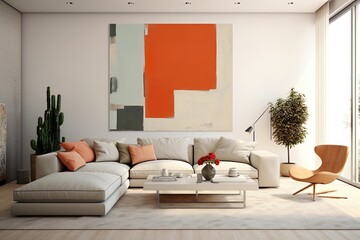 Sublime Aesthetics of Modernism: Bauhaus Living Room Mockup with Hovering Canvas in Harmonious Colors