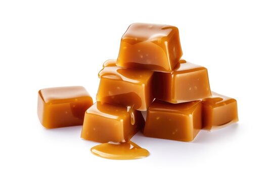 Caramel candies with caramel sauce isolated on a white background close up, ai generative
