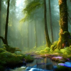 forest, nature, tree, sun, landscape, trees, green, light, sunlight, fog, wood, park, morning, jungle, summer, leaf, path, road, water, mist, misty, sunbeam, ray, rays, woods