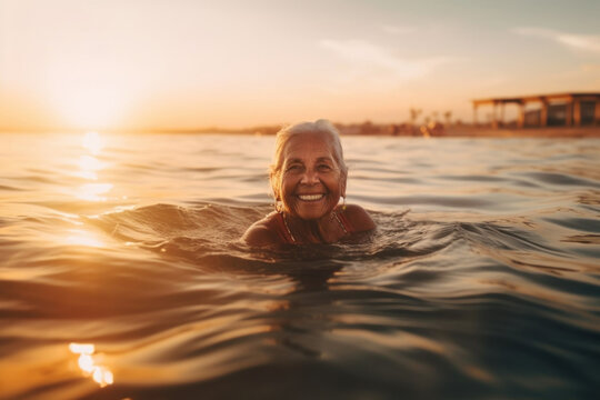 Active senior woman swimming in sea at sunset, enjoying and relax. Generative AI.