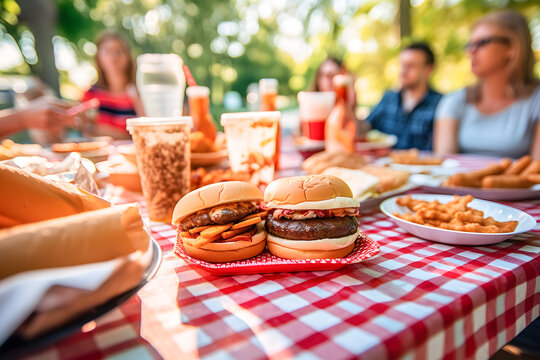 group of friends or family enjoying the food and company Barbecue and Picnic Scene: Set up a classic 4th of July barbecue and picnic scene ai generated art Generative AI