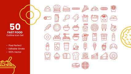 Set of 50 line icons related to Fast Food. Pixel Perfect Icon. Outline icon collection. Editable stroke. Vector illustration.