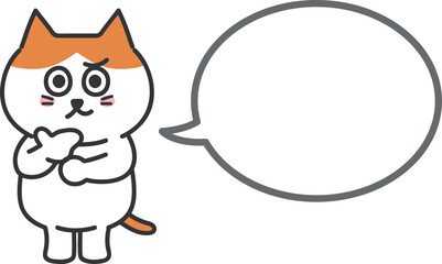 Orange tabby cartoon cat commenting with a speech bubble, vector illustration.