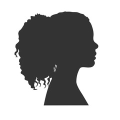 Silhouette of a woman with curly hair in profile. Black shape. Vector illustration