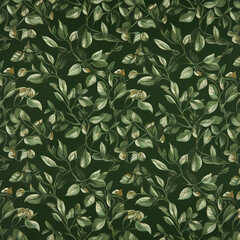 Tiny Floral Leaves Pattern On Green Cotton Cloth Illustration