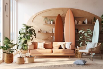 modern living  room in hotel   with a  surfboard , ai generative