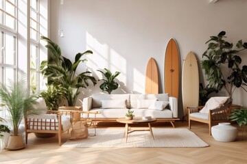 modern living room with a  surfboard , ai generative