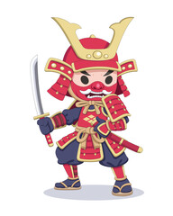 Cute Japanese samurai in battle armor cartoon illustration