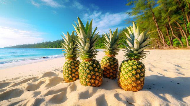 Pineapples on the sand at the beach, summer, sea, palm trees, blue sky, splashes, sea foam.