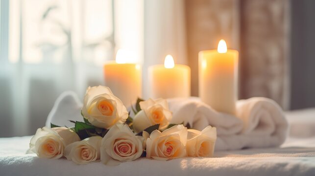 Spa, beauty treatment and wellness background with candles and roses. Copy space for text.