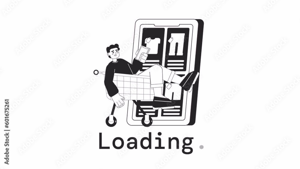 Poster mobile commerce bw loader animation. clothing shopping with smartphone. flash message 4k video foota
