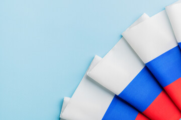 Banner with the flag of Russia on a blue background, copy space