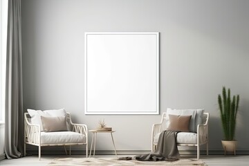 Modern Home Interior Decoration with White Empty Frame on Wall, Living Room Concept. Generative AI illustrations.