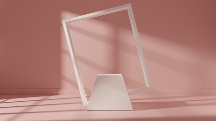 White empty podium or pedestal for product presentation. White frame. Pink background. 3d rendering