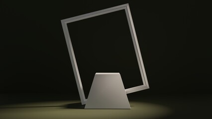 White empty podium or pedestal for product presentation. Dark background. White frame. 3d rendering