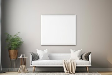 Modern Home Interior Decoration with White Empty Frame on Wall, Living Room Concept. Generative AI illustrations.