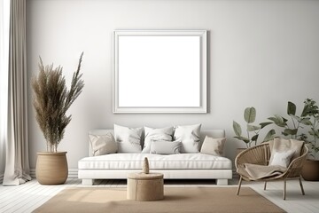 Modern Home Interior Decoration with White Empty Frame on Wall, Living Room Concept. Generative AI illustrations.