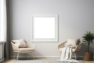 Modern Home Interior Decoration with White Empty Frame on Wall, Living Room Concept. Generative AI illustrations.