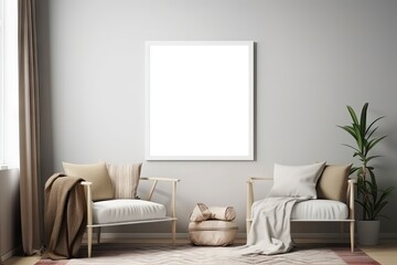 Modern Home Interior Decoration with White Empty Frame on Wall, Living Room Concept. Generative AI illustrations.