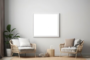 Modern Home Interior Decoration with White Empty Frame on Wall, Living Room Concept. Generative AI illustrations.