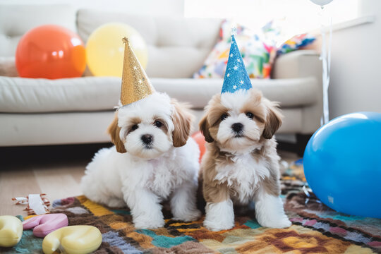 Two cute puppy dogs celebrating at a birthday party, happy birthday greeting post card with pets 